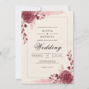 Muted Berry Floral Border Wedding Invitation