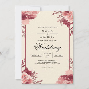 Muted Berry Floral Corner Wedding Invitation