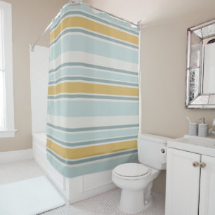 Muted Blue and Mustard Modern Stripe Bathroom Shower Curtain