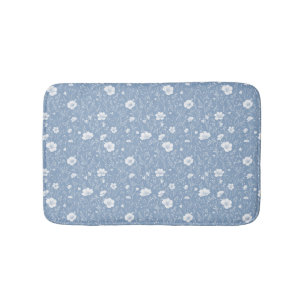 Muted Blue And White Wildflower Pattern Bath Mat