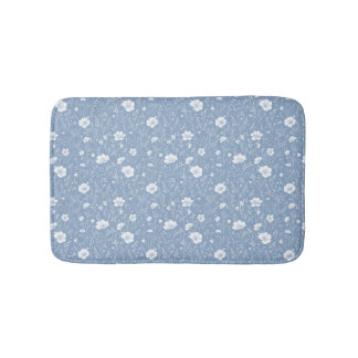 Muted Blue And White Wildflower Pattern Bath Mat