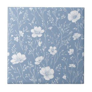Muted Blue And White Wildflower Pattern Ceramic Tile