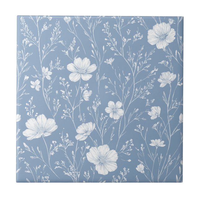Muted Blue And White Wildflower Pattern Ceramic Tile (Front)