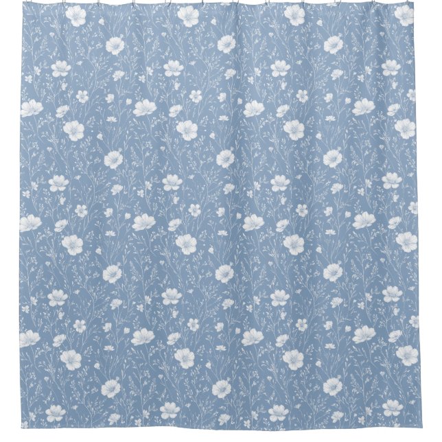 Muted Blue And White Wildflower Pattern Shower Curtain (Front)