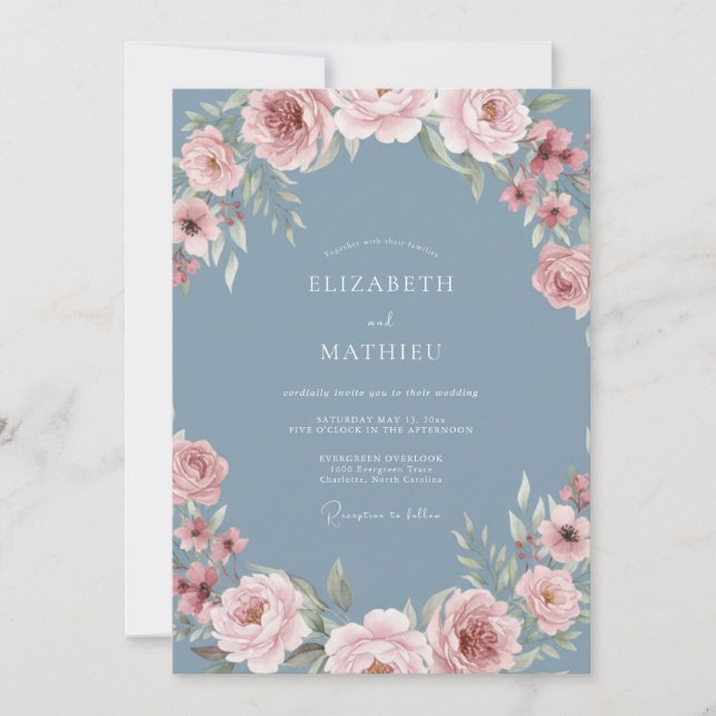 Muted Blue Ethereal Floral Wedding Invitation (Front)