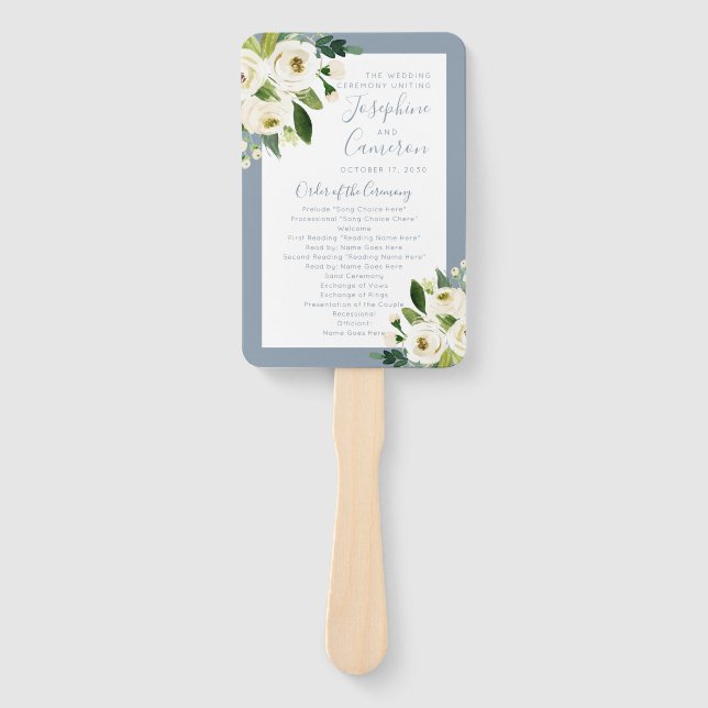 Muted Blue Floral Blooms Wedding Ceremony Program Hand Fan (Front)