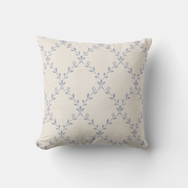 Muted Blue Floral Trellis Block Print Pattern Cushion (Front)