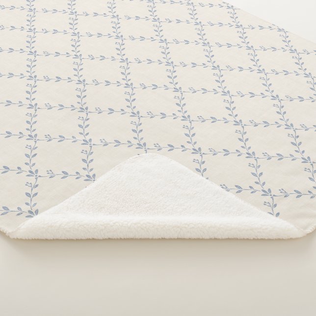 Muted Blue Floral Trellis Block Print Pattern Sherpa Blanket (3/4)