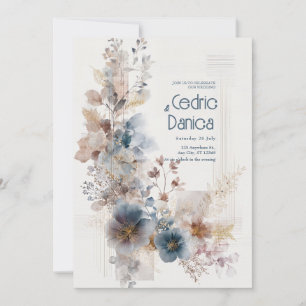 Muted Blue Folk Floral Wedding  Invitation