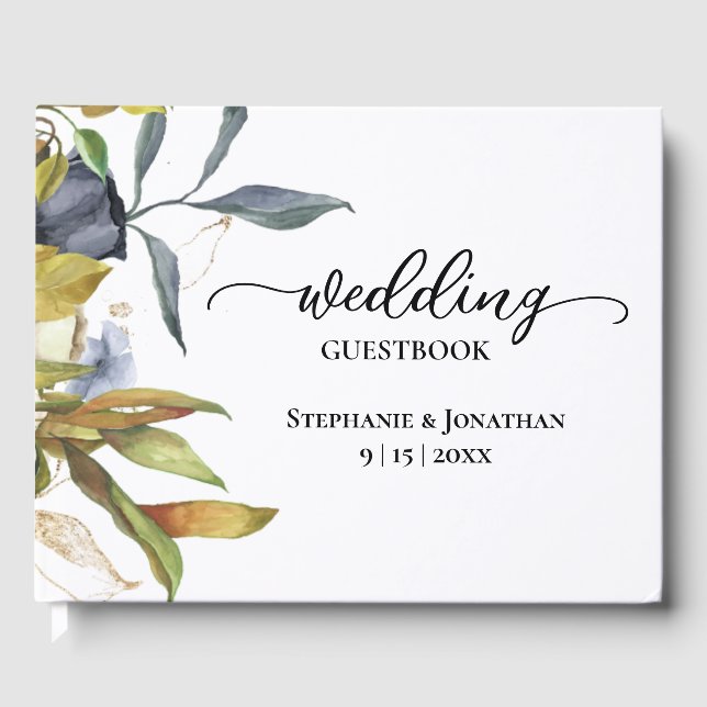 Muted Blue & Green Botanical Foliage Guest Book (Front)