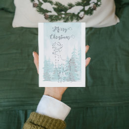 Muted Blue Green Line Reindeer Winter Christmas Holiday Postcard