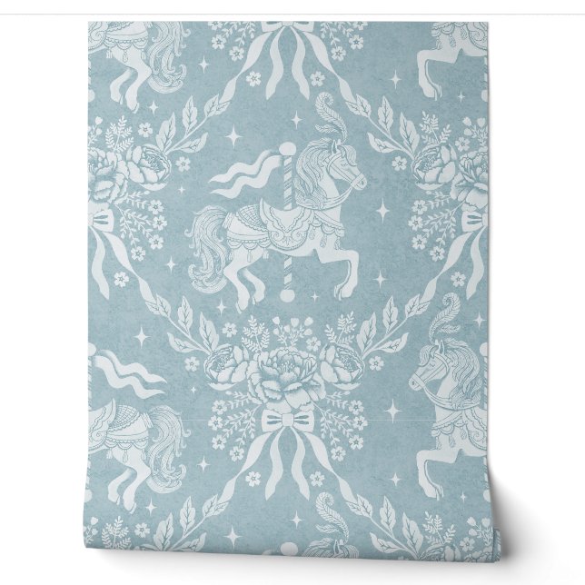 Muted Blue Rococo Carousel Horses & Florals Wallpaper (Unrolling)