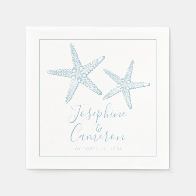 Muted Blue Starfish Coastal Wedding Napkin (Front)