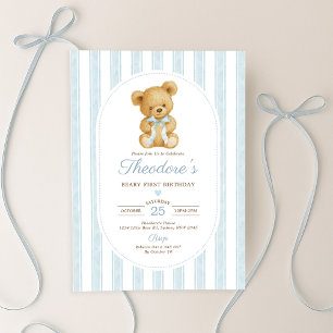 Muted Blue Teddy Bear Beary First Birthday Party Invitation