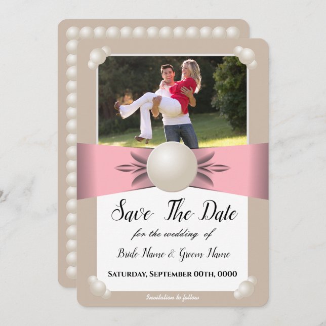 Muted Blush & Tan Pearl Ribbon Photo Save The Date Invitation (Front/Back)