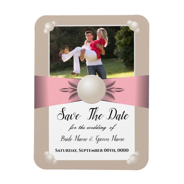 Muted Blush & Tan Pearl Ribbon Photo Save The Date Magnet (Vertical)