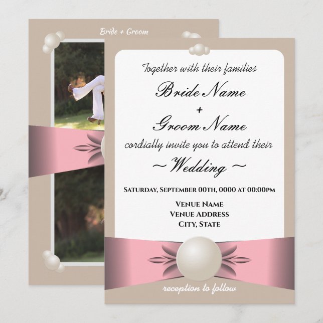 Muted Blush & Tan Pearl Ribbon Photo Wedding Invitation (Front/Back)