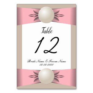 Muted Blush & Tan Pearl Ribbon Wedding Table Number