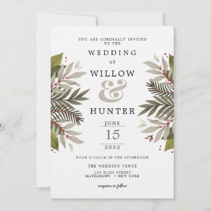 Muted Botanical Moss Grey & Red Wedding Invitation