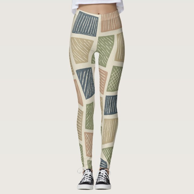 Muted Botanical Texture Retro Graphic Leggings (Front)
