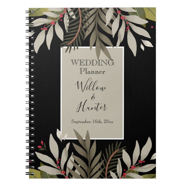Muted Botanicals on Black Wedding Planner Notebook (Front)
