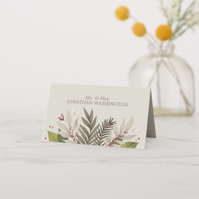 Muted Botanicals Theme | Tan| Wedding Place Card (Front)
