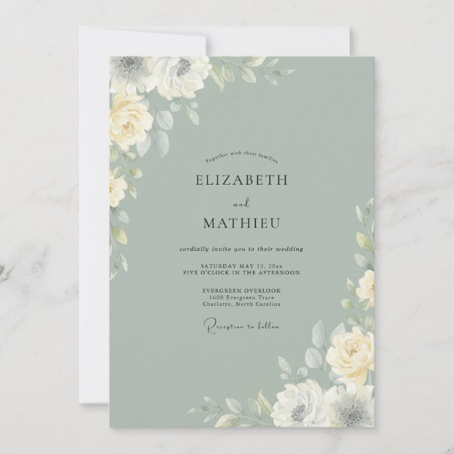Muted Celadon Blossom Wedding Invitation (Front)
