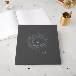 Muted charcoal grey leaf monogram wedding guest book