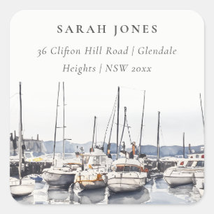 Muted Coastal Boats at Harbour Seascape Address Square Sticker