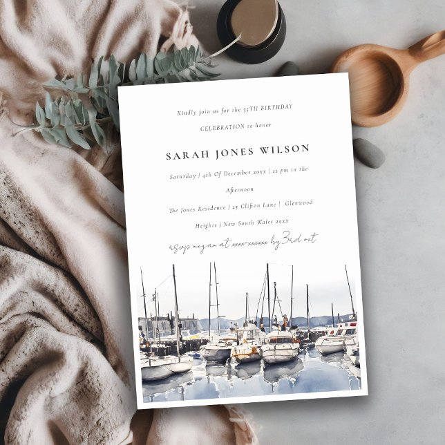 Muted Coastal Boats at Harbour Seascape Birthday Invitation (Creator Uploaded)