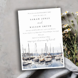 Muted Coastal Boats at Harbour Seascape Engagement Invitation