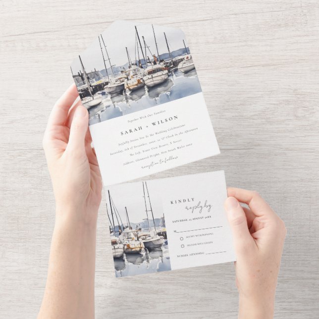 Muted Coastal Boats at Harbour Seascape Wedding All In One Invitation (Tearaway)