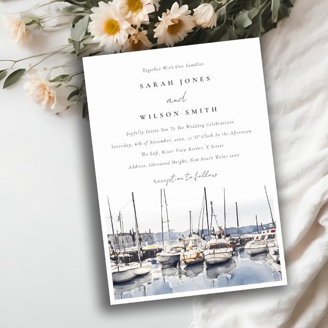 Muted Coastal Boats at Harbour Seascape Wedding Invitation (Creator Uploaded)