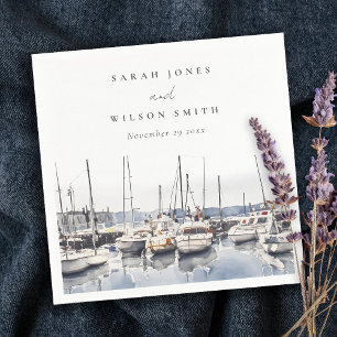Muted Coastal Boats at Harbour Seascape Wedding Napkin
