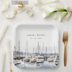 Muted Coastal Boats at Harbour Seascape Wedding Paper Plate