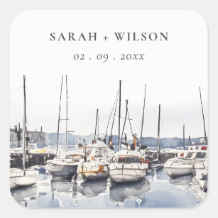 Muted Coastal Boats at Harbour Seascape Wedding Square Sticker