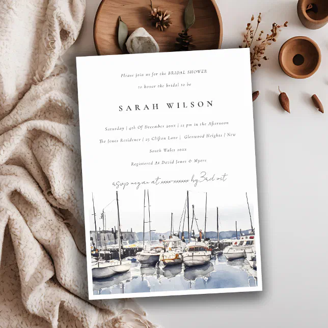 Muted Coastal Harbour Boats Seascape Bridal Shower Invitation Zazzle