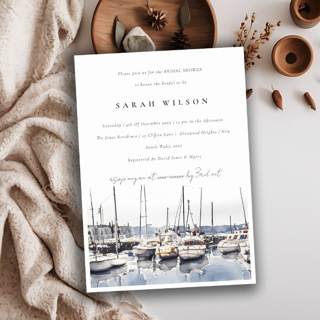 Muted Coastal Harbour Boats Seascape Bridal Shower Invitation (Creator Uploaded)