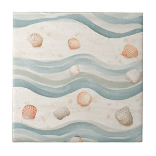 Muted Coastal Seashells Wave - Boho Beach Style Ceramic Tile