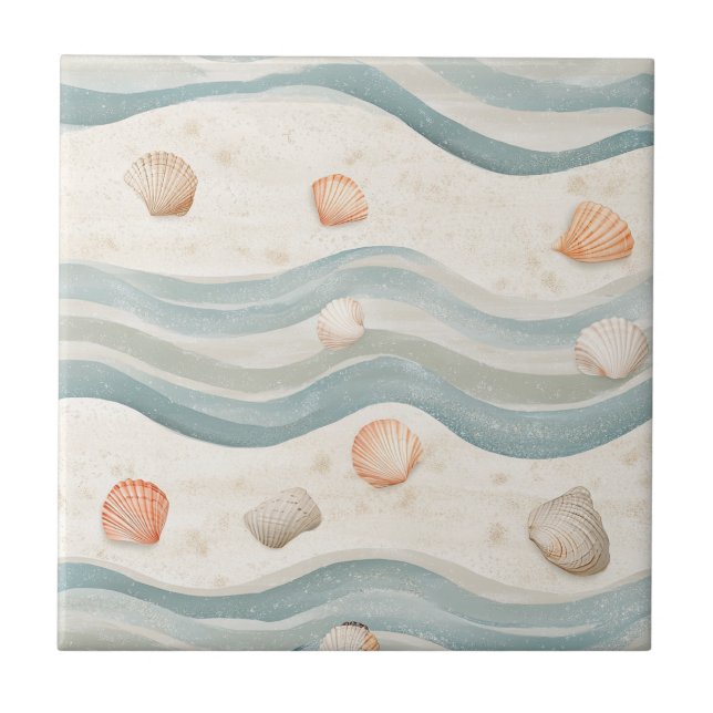 Muted Coastal Seashells Wave - Boho Beach Style Ceramic Tile (Front)