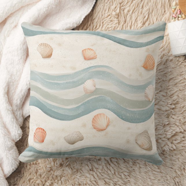 Muted Coastal Seashells Wave - Boho Beach Style Cushion (Blanket)