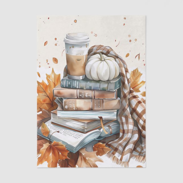Muted coloured fall themed books and pumpkins tissue paper (Front)