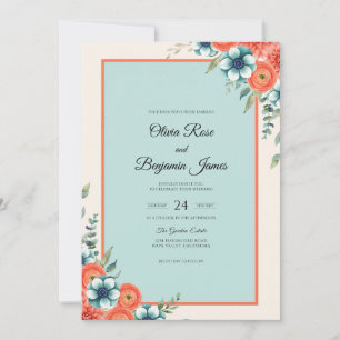 Muted Coral Aqua Anemone Wedding Invitation