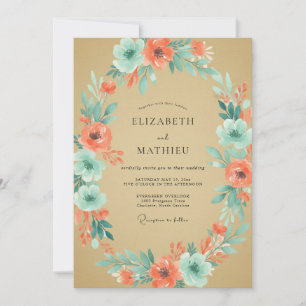 Muted Coral Aqua Peony Wedding Invitation