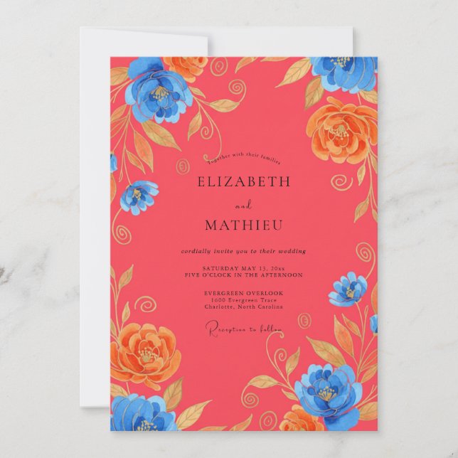 Muted Coral Azure Peony Wedding Invitation (Front)