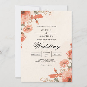 Muted Coral Floral Border Wedding Invitation