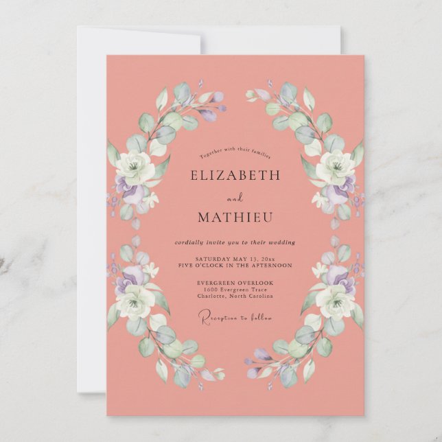 Muted Coral Foliage Eucalyptus Wedding Invitation (Front)