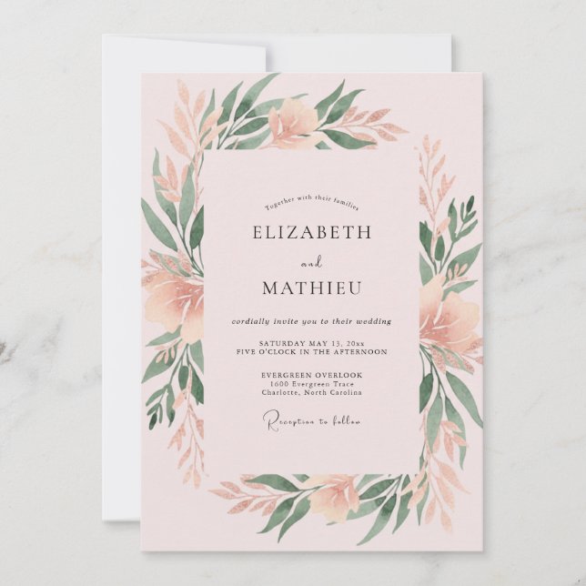 Muted Coral Painted Foliage Wedding Invitation (Front)
