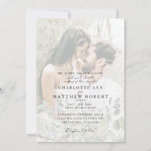 Muted Couple Photo Modern Foliage Wedding  Invitation