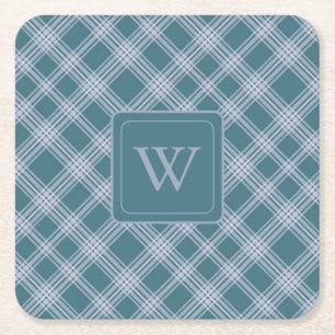 Muted Cyan Plaid Pattern Coaster